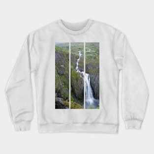 Wonderful landscapes in Norway. Vestland. Beautiful scenery of Voringfossen waterfall in the Mabodalen valley on the Hardanger scenic route. Mountains, trees in background. Cloudy day (vertical) Crewneck Sweatshirt